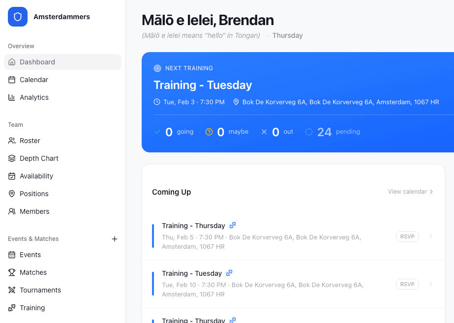Frostlete rugby club management dashboard preview
